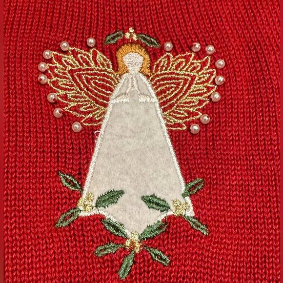 Southern Lady Christmas Angels Zip Front Sweater Vest in Red Cotton Blend Large - Picture 9 of 10